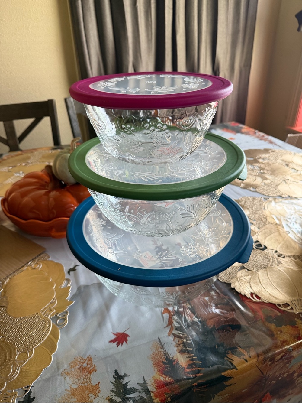 Princess House Clear Embossed Glass Bowls with Blue, Green & Magenta Lids